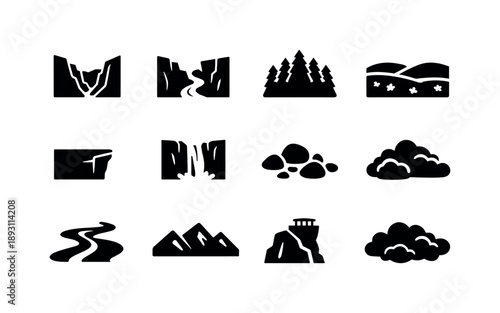 Valley Iconography. Valley landscapes. Solid icon set of Valley landscapes: deep valley, river gorge, forest canopy, meadow field, cliff edge, waterfall