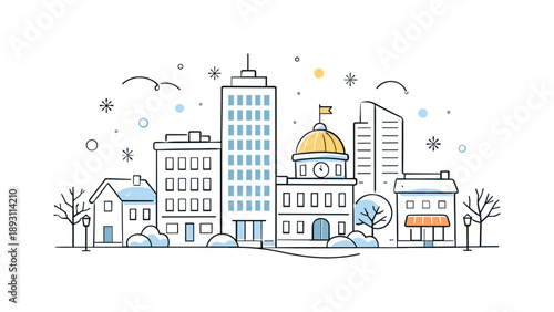 Winter City Silhouette. City buildings in winter. Clean linear composition with simplified architecture, bare trees and light snow accents on the rooftops.