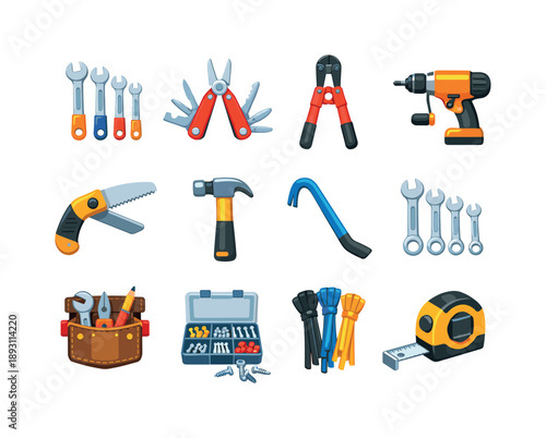 Colorful Engineering Tools. Engineering Tools. Colorful flat vector icons set of Engineering Tools: wrench set, multi-tool pliers, bolt cutter, hand drill,
