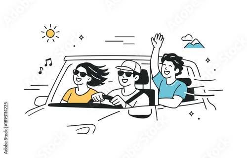 Carefree Road Trip. Road trip vibes. Friends riding in a car with windows open, wind and motion lines around. Joyful energy, laughter, and carefree travel