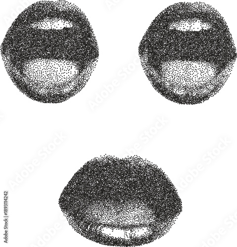 Mouth smile retro y2k stipple design lip halftone brutalist urban vector png with clear background, tongue 2000s photocopy grunge tattoo gen z effect