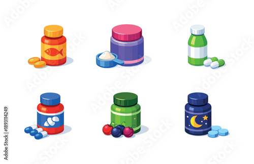 Colorful Wellness Supplements Grid. Wellness supplements. Isometric flat vector icons set of wellness supplements: omega- bottle, collagen powder