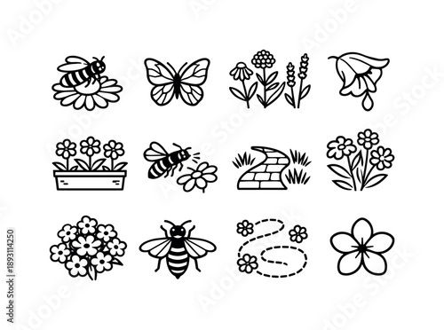 Pollinator Icon Set. Pollinator Support. Line icon set of Pollinator Support: bee on flower, butterfly, pollinator-friendly plants, nectar flower, flower bed,