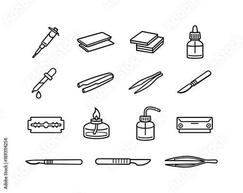 Laboratory Tool Icons. Microscope Lab Tools. Line icon set of Microscope Lab Tools: micropipette, glass slides, cover slips, staining bottle, immersion oil