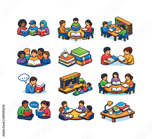 Literary Icon Set. Literary Community. Colorful isometric vector icons set of Literary Community: diverse readers, book meetup, group learning, library