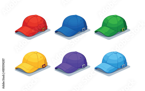 Colorful Light Cap Icons. Light cap. Isometric flat vector icons set of light cap: baseball cap shape, curved brim, adjustable strap detail, fabric texture