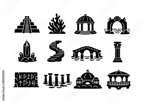 Atlantean Myth Icons. Atlantean myth. Solid icon set of mythical architecture: stepped temple, coral tower, dome shrine, underwater gate, crystal obelisk,