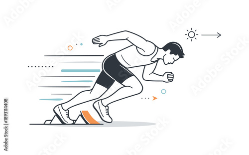 Athletic Sprint Start. Running competition. A sprinter leaning forward at the start of a race, subtle abstract motion lines showing speed and energy. Calm