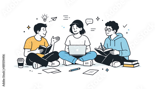 Collaborative Study Session. Students studying together. A calm editorial scene of students sitting casually with notebooks and laptops, sharing ideas in a