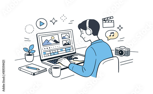 Creator's Tidy Workspace. Content creation. A creator editing content on a laptop with timelines and thumbnails visible, calm concentration and tidy workspace.