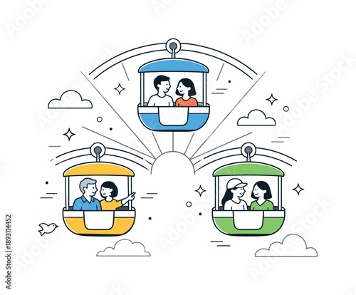 Ferris Wheel Delight. People riding ferris wheel. Passengers sitting in ferris wheel cabins high above the ground, calm enjoyment and gentle sense of leisure.