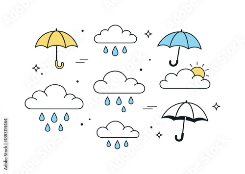 Spring Weather Icons. Spring weather icons scene. Minimal umbrellas, clouds, and raindrops arranged in a friendly editorial layout, suggesting calm seasonal