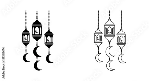 Islamic lanterns crescent moons ramadan decoration Vector