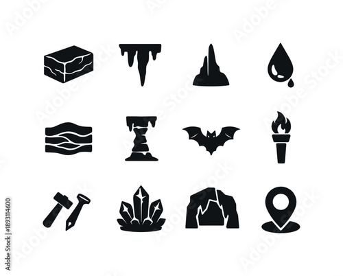 Limestone Cave Icons. Limestone caves. Solid icon set of Limestone caves: limestone block, stalactite, stalagmite, cave drip, mineral layer, rock column, bat,