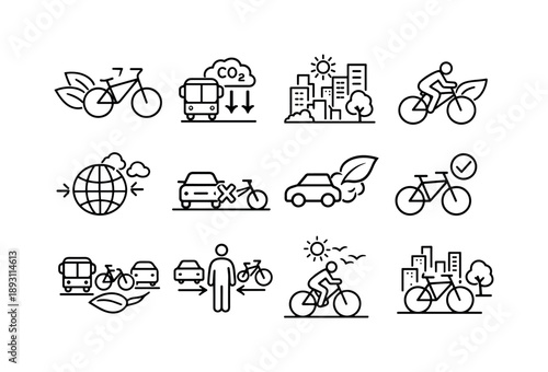 Eco Commuting Icons. Eco Friendly Commuting. Line icon set of Eco Friendly Commuting: green bicycle commute, low carbon transport, clean city travel, cyclist