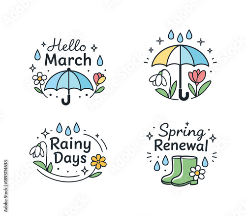March Seasonal Emblems. March seasonal badges. Editorial-style emblems with umbrellas, droplets and first flowers, friendly symbols of rainy days and renewal.