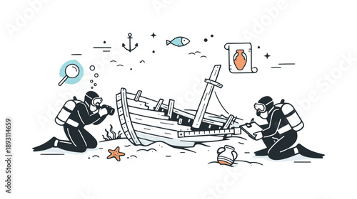 Underwater Shipwreck Exploration. Restoring historical underwater shipwrecks. Marine archaeologists carefully examining a sunken wooden ship on the seafloor,