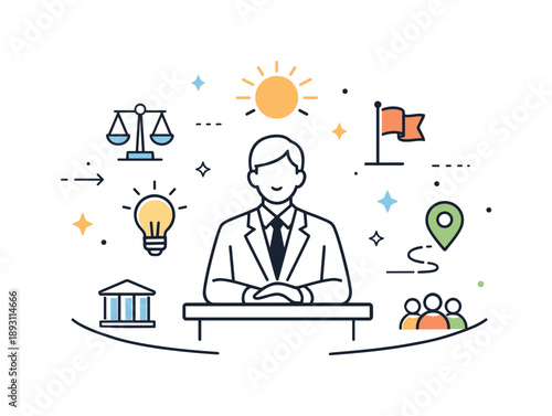 Leadership in Harmony. Civic Leadership Concept. A single abstract leader figure with calm posture, small stars and symbolic shapes around representing