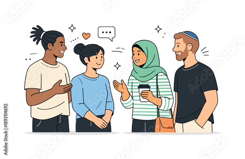 Cultural Harmony. Celebrating cultural diversity. People in everyday clothes with small cultural details, like headscarves, hairstyles, or accessories, talking