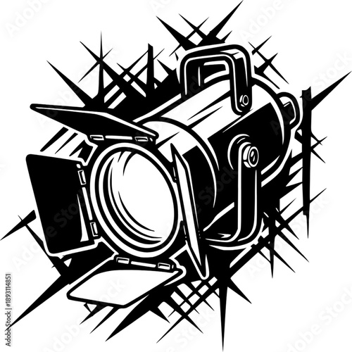 Spotlight Illustration: A detailed monochromatic illustration of a spotlight, its bright beam of light, radiating outwards with an array of sharp, star-like elements, capturing the energy and focus.