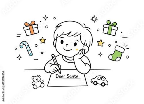 Dreamy Holiday Wishes. Writing letter to Santa wishes. Child thinking and smiling while holding a pencil, small gift icons and stars floating around, dreamy