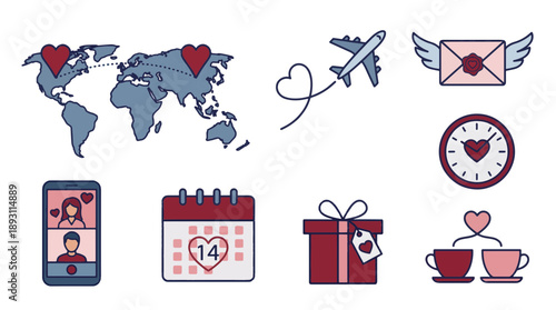 Flat vector icon sheet representing long distance Valentine love, icons include map with heart pins, airplane heart trail, envelope love, clock with heart