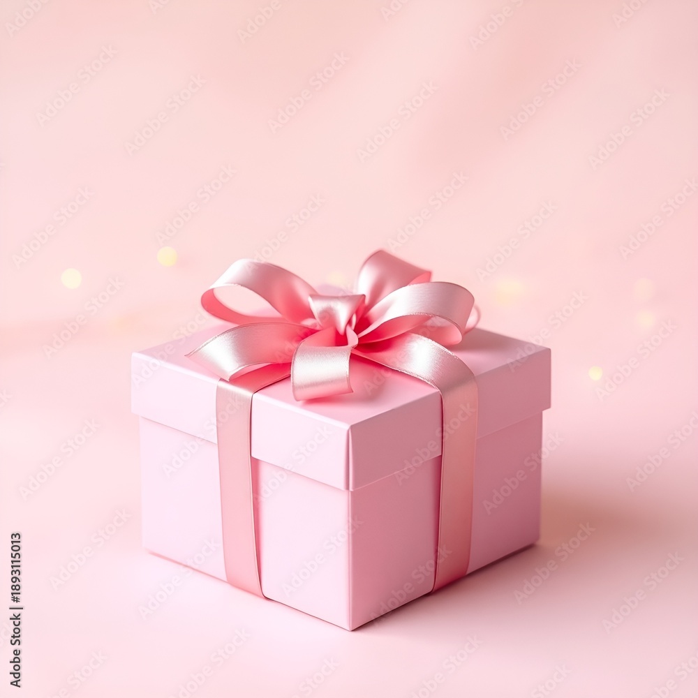Obraz premium A beautifully wrapped pink gift box with a ribbon on a pastel background