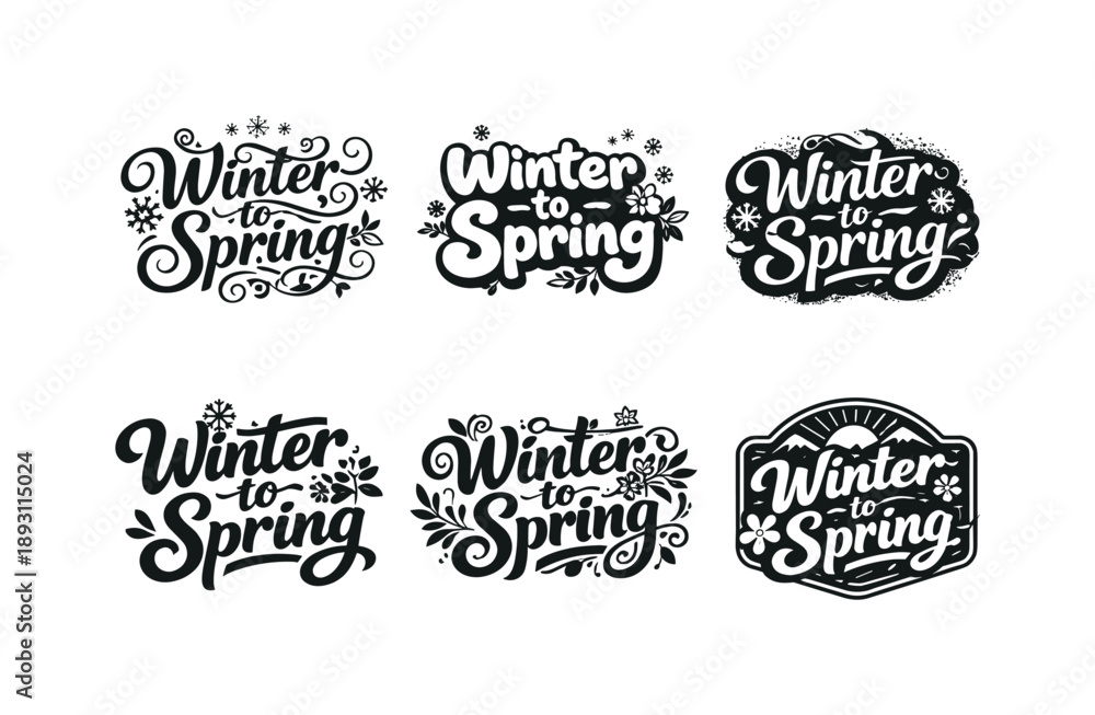 Fototapeta premium Seasonal Typography Grid. Winter to Spring. Set lettering. harmonious lettering variations of the same emblematic concept, each with different artistic