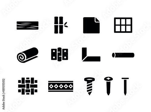 Folding Screen Icons. Folding screen materials. Solid icon set of folding screen materials: wood plank, bamboo stick, paper sheet, rice paper panel, fabric
