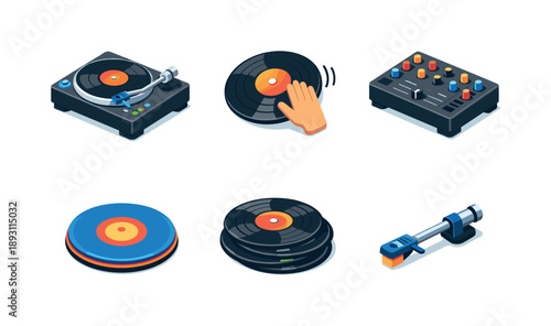 Isometric DJ Vinyl Icons. DJ vinyl. Isometric flat vector icons set of DJ vinyl: DJ turntable deck, scratching vinyl disc, mixer with crossfader, slipmat disc,