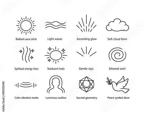 Heavenly Aura Icons. Heavenly aura concept. Line icon set of Heavenly aura concept: radiant aura circle, light waves, ascending glow, soft cloud