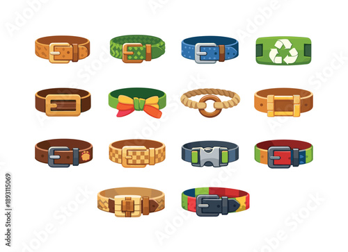 Eco-Friendly Belt Icons. Sustainable Belts & Buckles. Colorful flat vector icons set of Sustainable Belts & Buckles: cork belt, braided hemp belt, denim strap