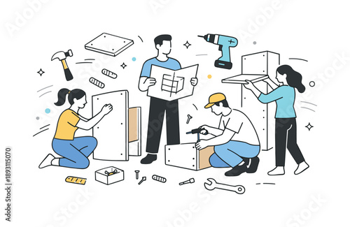Teamwork in Motion. People assembling furniture. Abstract scene of people surrounded by panels, screws, and tools in motion. Soft modern illustration