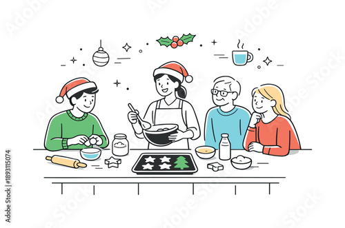 Festive Cooking Class. Holiday cooking class. Small group gathered around a kitchen island learning a festive recipe, calm guidance and joyful seasonal