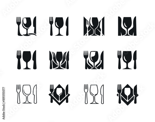 Food and Wine Icons. Food and wine festivals. Icon set. Set Logo of food and wine festivals: fork, knife, and wine glass emblem. harmonious logo variations of