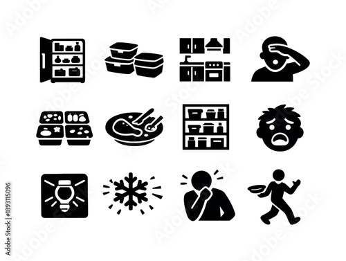 Home Food Search Icons. Searching for food at home. Solid icon set of searching for food at home: open fridge, food containers, kitchen interior, searching
