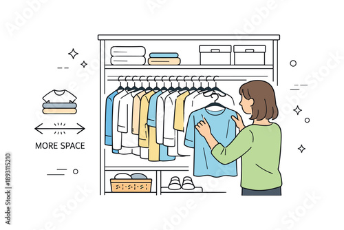 Efficient Closet Organization. Maximizing closet space with hangers. A person neatly organizes clothes using slim hangers to create more space in a wardrobe.