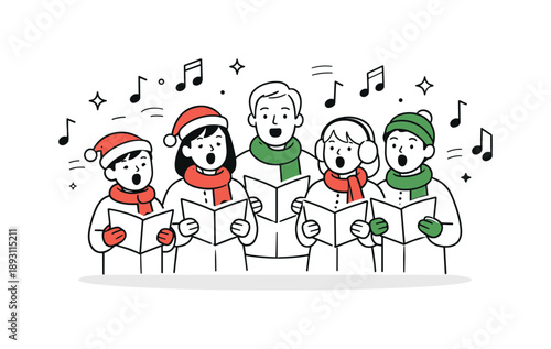 Harmonious Christmas Choir. Singing Christmas carols choir. A small choir singing in harmony with simple musical notes floating around. Calm celebration and