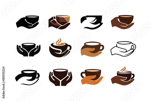 Latte Icon Variations. Latte in hand. Icon set. Set Logo of latte in hand: hand holding cup. harmonious logo variations of the same emblematic concept, each