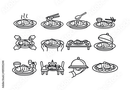 Line Art Culinary Icons. Steamed Fish Serving. Line icon set of Steamed Fish Serving: fish being served, chopsticks lifting fish, spoon sauce drizzle, table