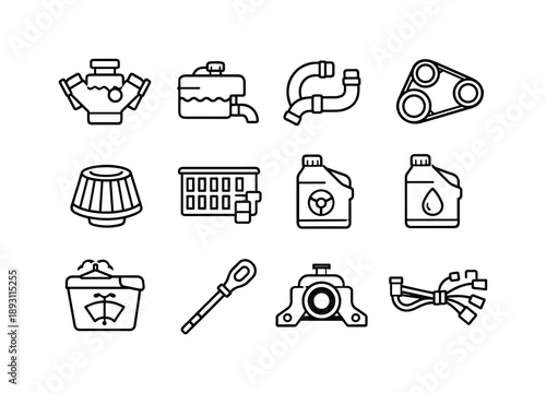 Hood Inspection Icons. Under the Hood Inspection. Line icon set of Under the Hood Inspection: engine block, coolant reservoir, radiator hoses, serpentine belt,