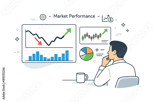 Financial Market Overview. Market performance overview. Graphs and arrows showing price movement over time, observed by a focused professional. Clear financial