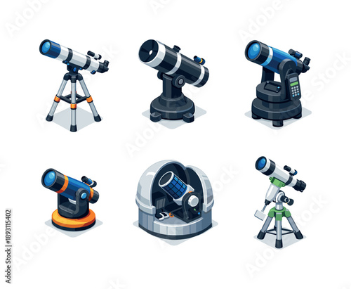 Colorful Astronomy Telescopes. Astronomy Telescope. Isometric flat vector icons set of Astronomy Telescope: refractor telescope on tripod, reflector telescope,