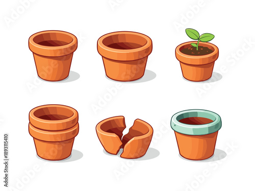 Terracotta Pots Icons. Terracotta Pots. Isometric flat vector icons set of Terracotta Pots: classic terracotta flower pot, wide rim pot, small seedling pot,