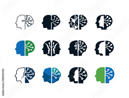 Human-Tech Fusion Logos. Synthetic consciousness and humanity. Icon set. Set Logo of Synthetic consciousness and humanity: human head merging with circuit