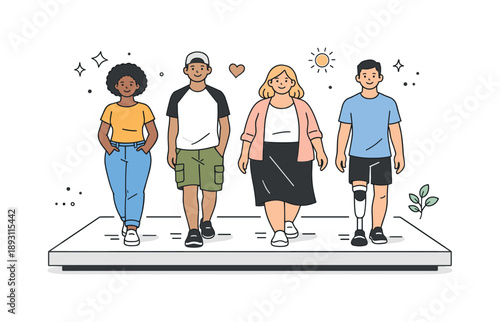 Inclusive Fashion Runway. Inclusive fashion for all body types. Different body types walking on a simple runway, wearing casual everyday fashion rather than