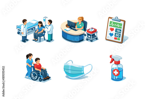 Emergency Medical Essentials. Emergency medical response. Isometric flat vector icons set of Emergency medical response: emergency room intake scene, triage