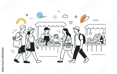 Open-Air Market Stroll. Open-air farmers market visit. Group walking past stalls with local food, light interaction and slow pace, abstract decorative shapes
