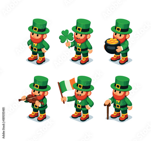 Leprechaun Icon Grid. St. Patrick?s Day leprechauns. Isometric flat vector icons set of St. Patrick?s Day leprechauns: leprechaun with green hat, leprechaun