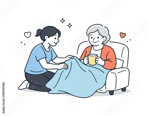 Elderly Care Comfort. Caregiving for elderly comfort. Caregiver adjusting a blanket or offering a warm drink. Feeling of care, dignity, and emotional